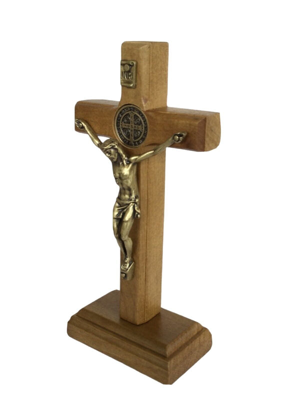 St.Saint Benedict Medal Wood Cross Crucifix Standing  medalla Cruz San Benito