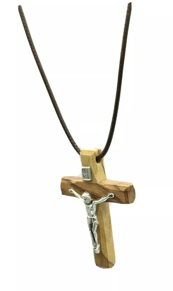 Wood Olive Cross Crucifix Pendant Necklace Made in Holy Land Bethlehem Jerusalem