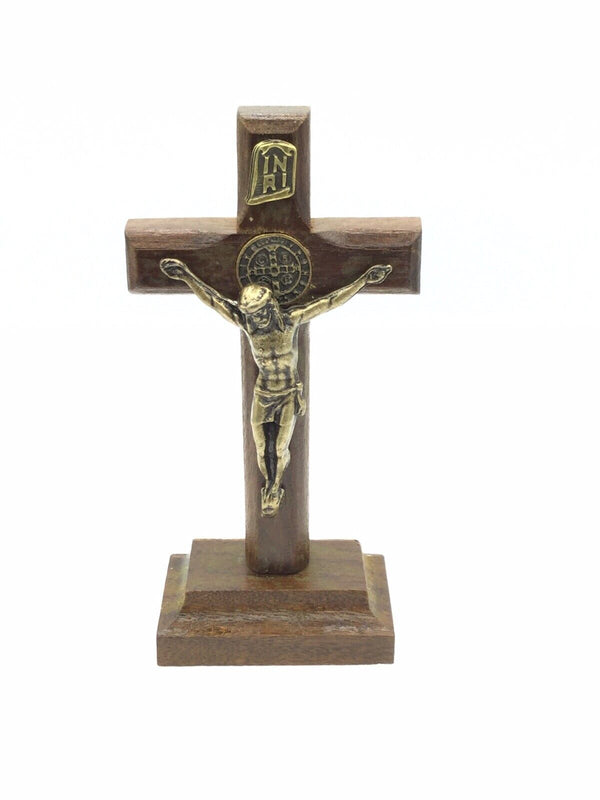 St.Saint Benedict Medal Wood Cross Crucifix Standing Cruz Medalla San Benito 3"