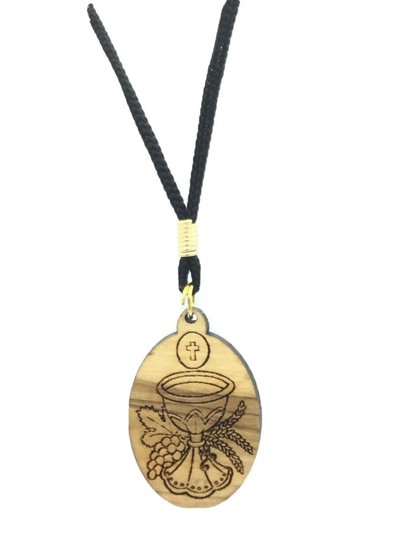 12 OLIVE Wood Oval pendant Medal Necklace Cord First Communion Favor wholesale