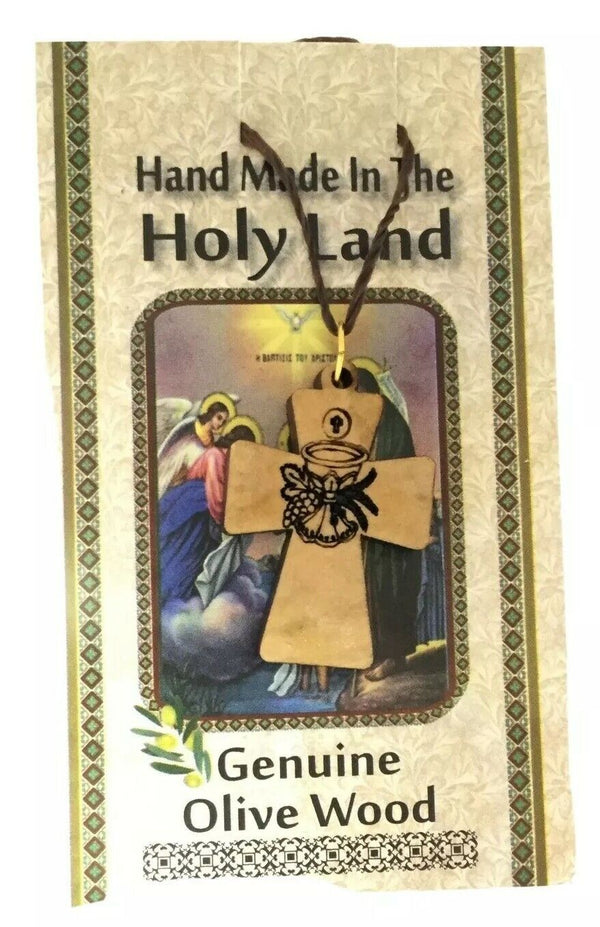 First Holy communion cross Olive wood Jerusalem Necklace pendant Charm lot of 12