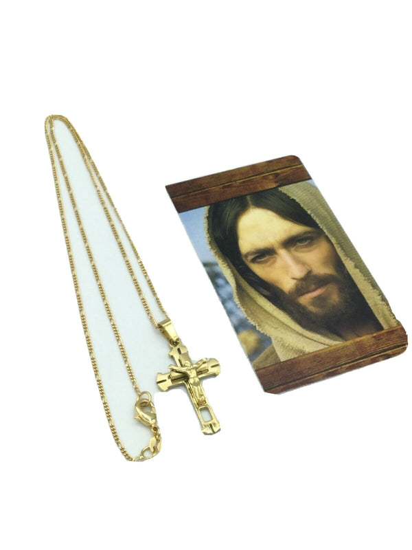 14k Yellow Gold Plated Jesus Cross Religious Pendant 19" Chain Necklace Cruz