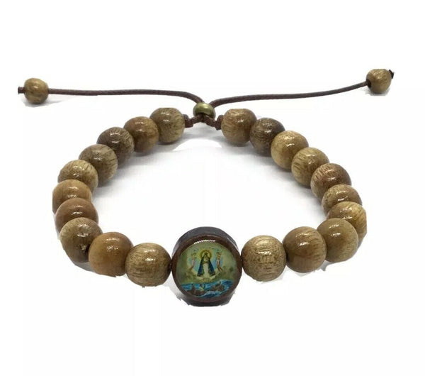 Virgen de la Caridad del Cobre Pulsera Bracelet Brown Wooden Beads Mens Womens