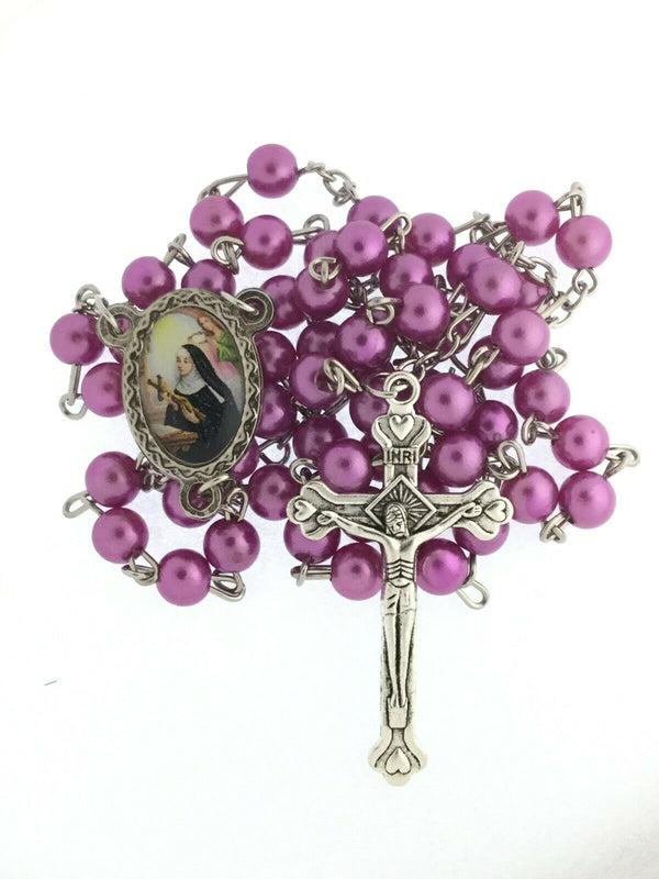 Saint Rita Faux Purple Pearl Rosary Necklace Catholic Santa Rita da Casia
