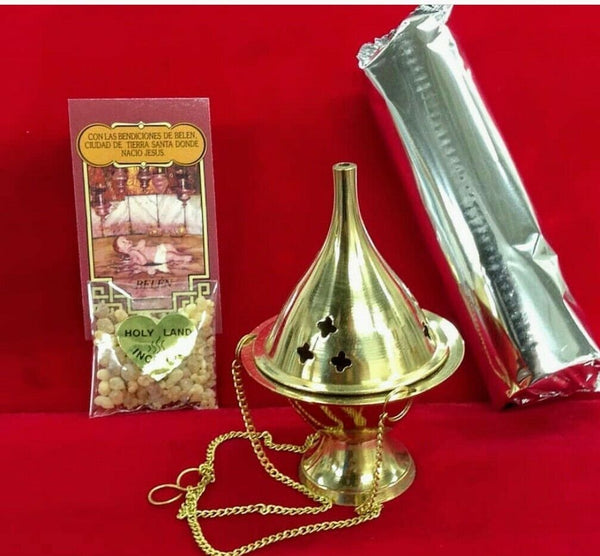 thumbnail interactive-video image 1 of 5 Inch Hanging Brass Censer - Incense Burner Kit With Charcoal & Frankincense - Gift 1 of 3