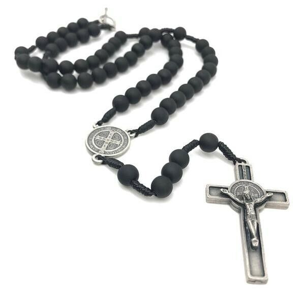 Saint St.Benedict Medal Excorsism Rosary Necklace San Benito Black matte finish
