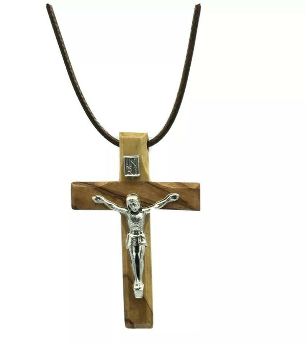 Wood Olive Cross Crucifix Pendant Necklace Made in Holy Land Bethlehem Jerusalem