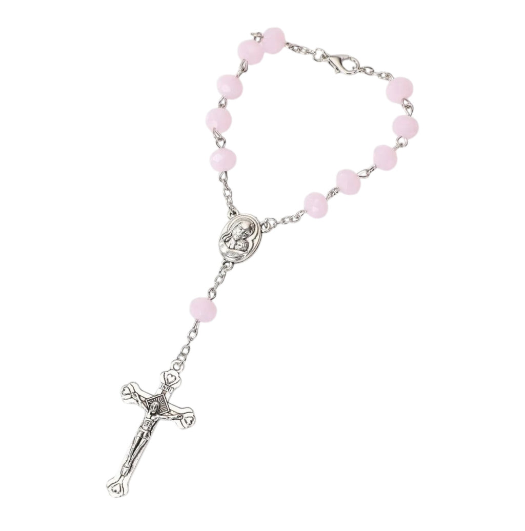 Pink crystal-bead Jerusalem Medal auto rosary decade