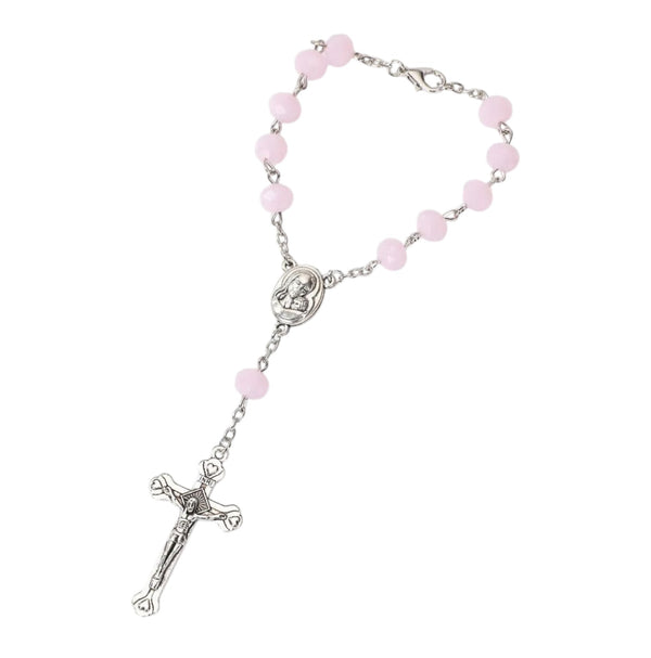 Pink crystal-bead Jerusalem Medal auto rosary decade