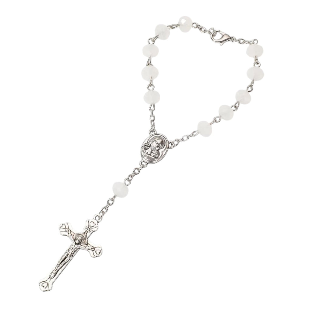 White crystal-bead Jerusalem Medal auto rosary decade