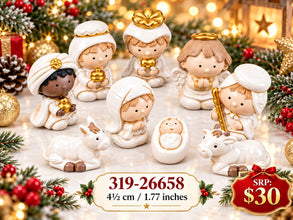 Mini Christmas Nativity 9-piece display with festive holiday background, item 319-26658