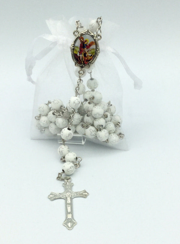 Saint St.Michael Archangel White Rosary San Miguel arcángel Necklace Protection