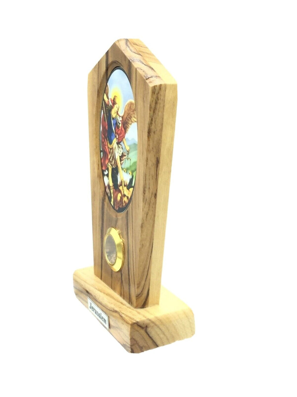 Saint Michael Desk Stand Jerusalem Soil Olive Wood San Miguel arcángel 3" Inches