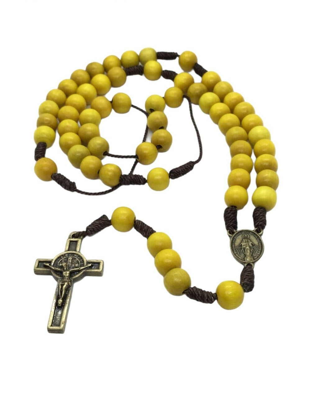 Miraculous Medal Wood Rosary Beads Saint St. Benedict Medal Cross Necklace Cruz