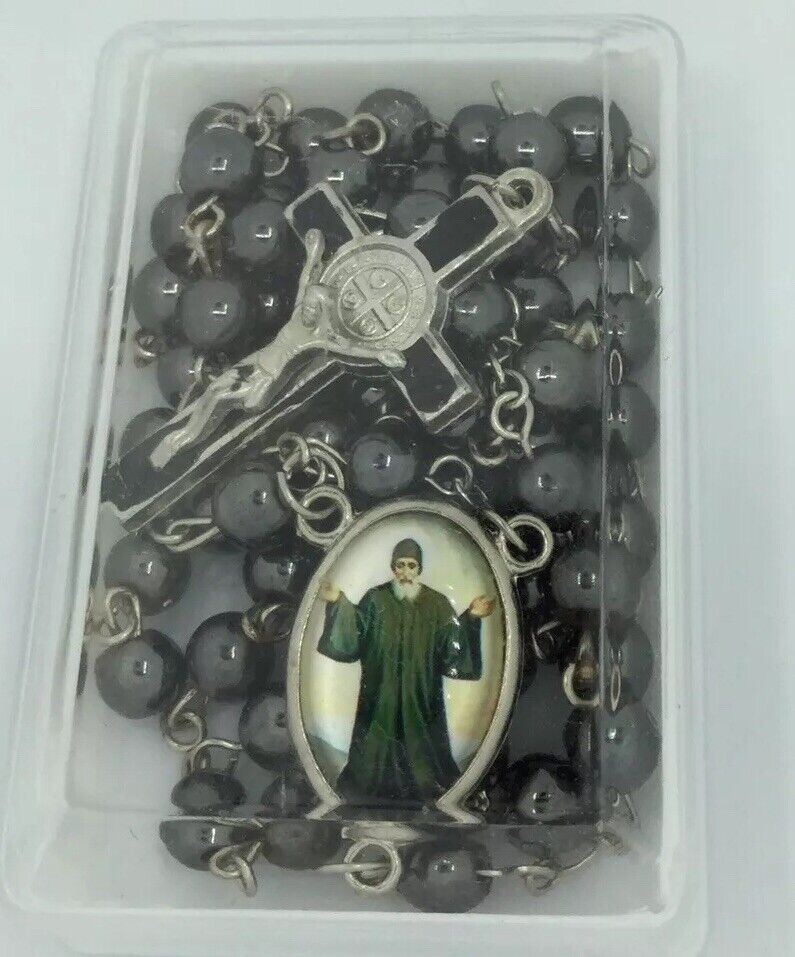Black Hematite Beads Saint Charbel CATHOLIC ROSARY NECKLACE Saint Benedict Cross