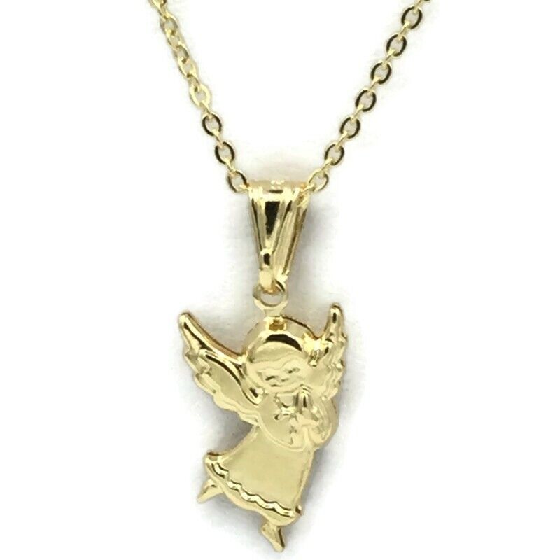 14K Gold Plated Praying Angel Pendant Charm Necklace Baby Kids white 16” Chain
