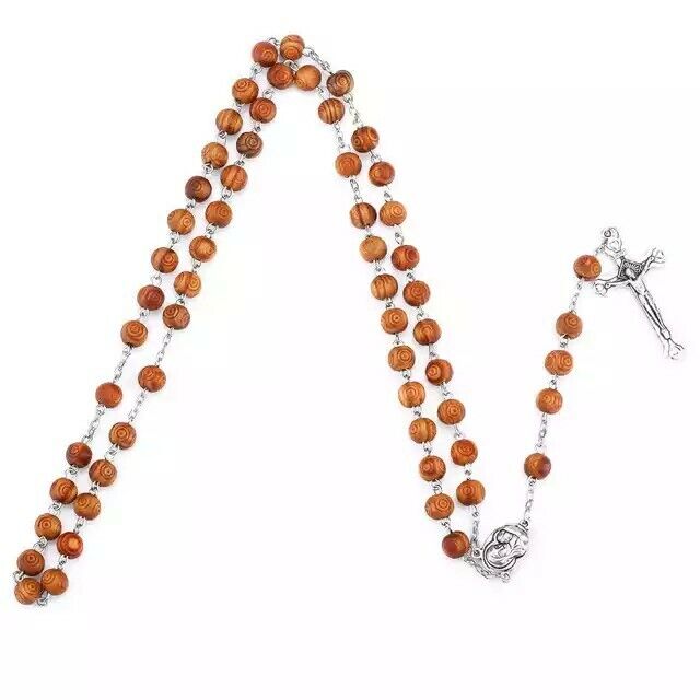Olive Wood Rosary Beads Catholic Necklace Medal Crucifix Jerusalem Cross Jesus