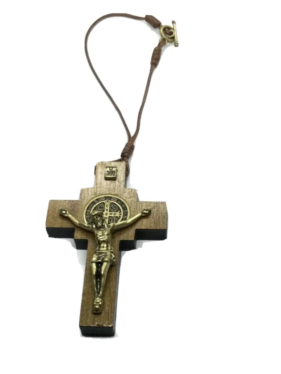Catholic Religious St Benedict Wooden Crucifix Cross Car Mirror  Cruz St Benito 