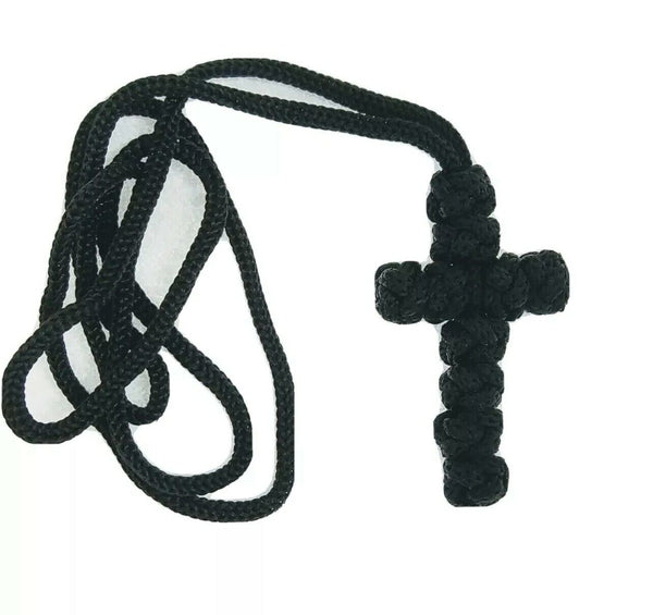 Black Knotted Cord Cross Orthodox Prayer Rope Knot macrame Necklace Soft Serbian