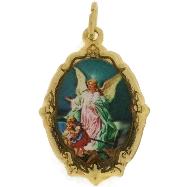 Guardian Angel Medal Gold-Tone Catholic Angel de la Guarda Prayer 