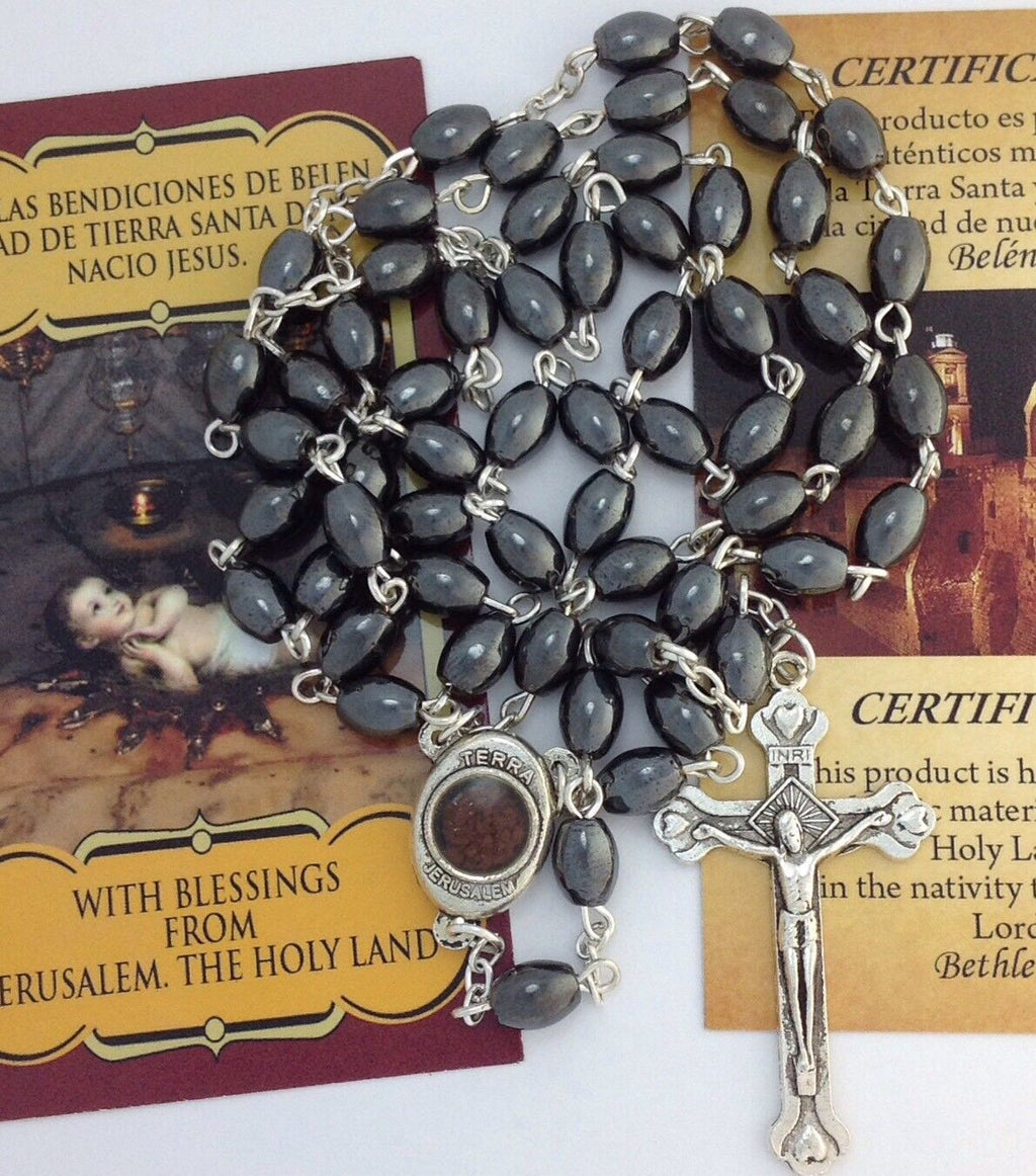 Black Beads Rosary Catholic Hematite Crucifix Necklace Rosario Soil Jerusalem