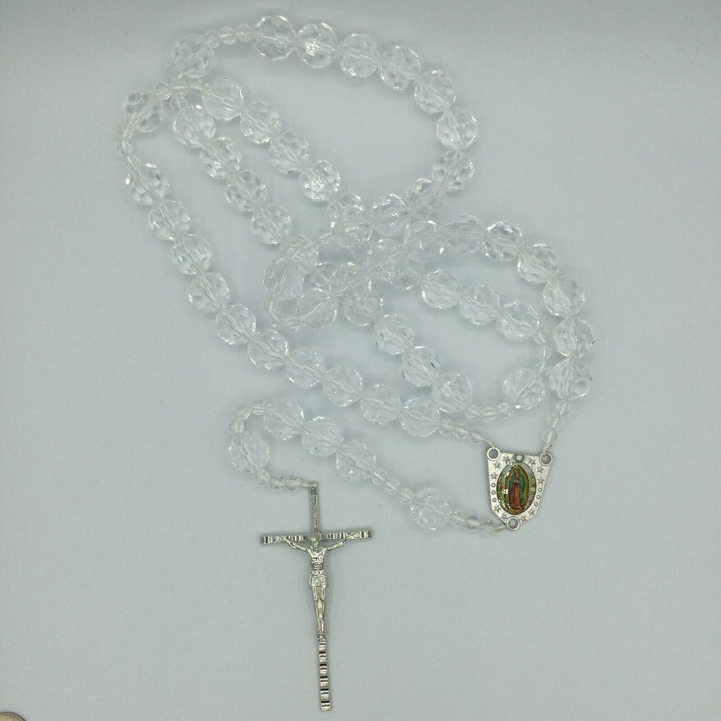Large Crystal Clear Rosary Beads Necklace Wall Hanging Jerusalem Cross Jesus 39"