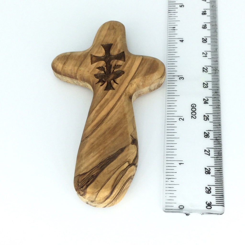 Olive Wood Comfort Cross Holding Cross engraved Emmaus Jerusalem Handmade