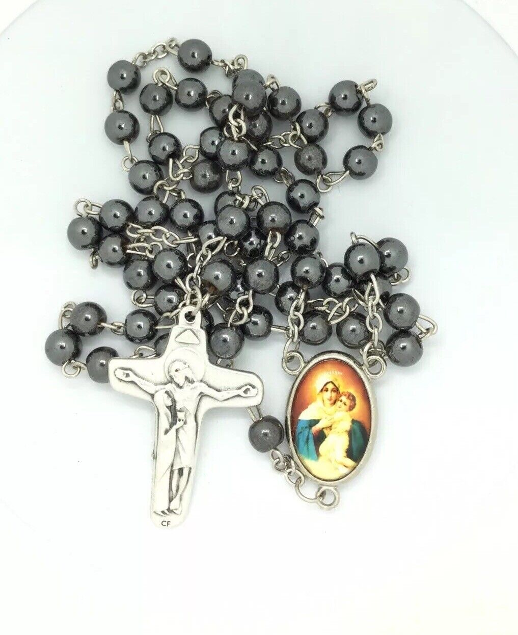 Hematite Rosary Necklace Jerusalem Round Catholic Virgen Schoenstatt  La Mater