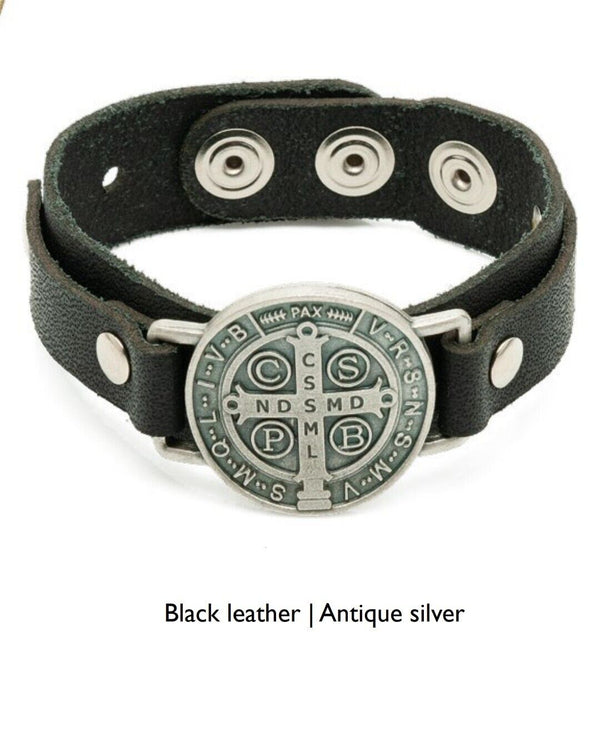 Men’s Saint.Benedict Medal Bracelet Leather Black Band  adjustable San Benito 