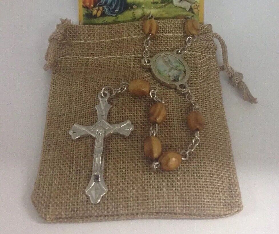 OUR LADY OF FATIMA Olive Wood Rosary Beads JERUSALEM Necklace Oval Catholic Mary