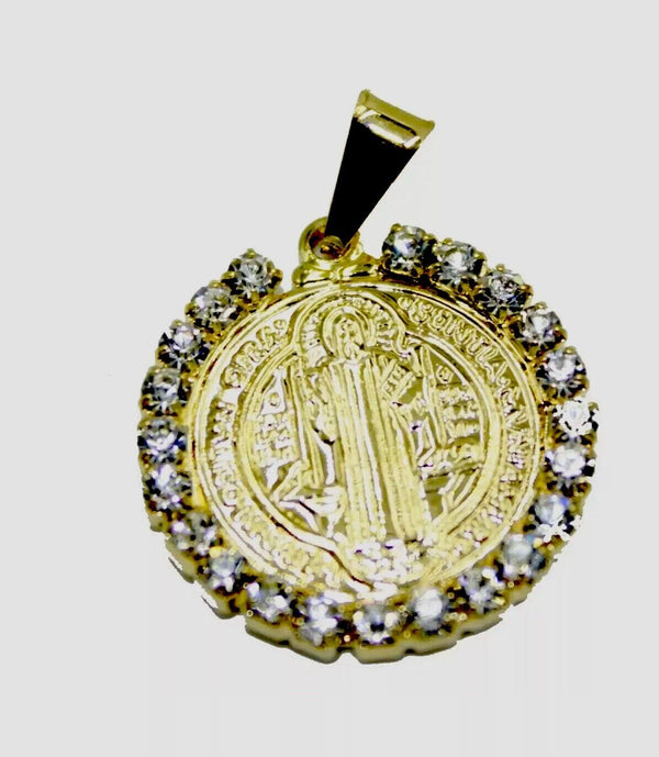 San Benito Round Medal with Rhinestone and 20 inch Chain - St Benedict Necklace