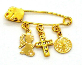 14k Gold Plated Pacifier Pin Baby Charms Newborn Cross San Benito Protection