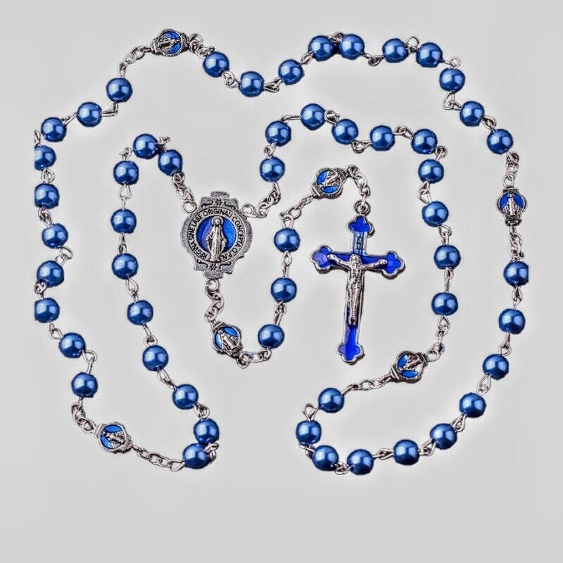 Catholic Blue Faux Pearl Glass Rosary Blue Enamel Crucifix Pater Bead Miraculous