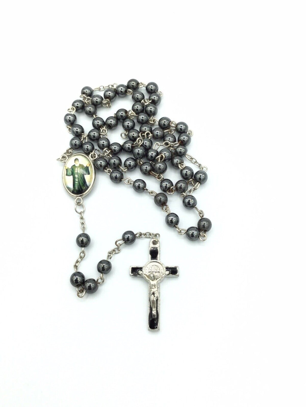 Black Hematite Beads Saint Charbel CATHOLIC ROSARY NECKLACE Saint Benedict Cross