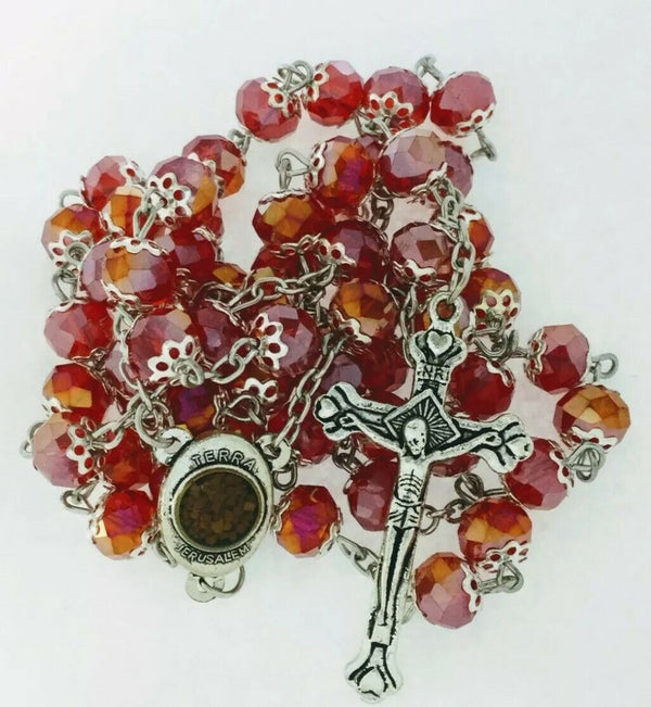 Glass Crystal Beads Rosary  Holy Soil Silver Cross Crucifix Jerusalem Blessings