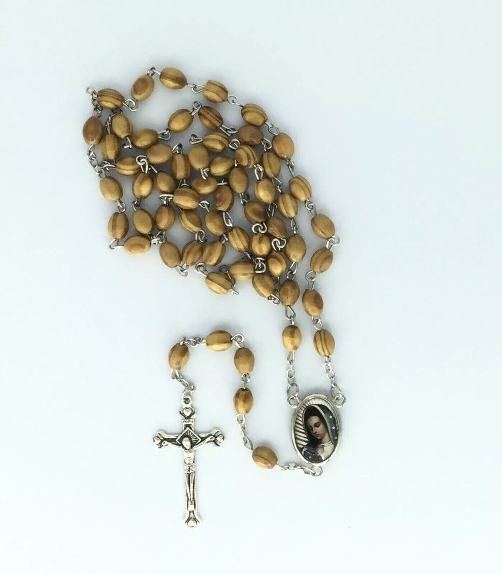 Olive Wood Rosary JERUSALEM Necklace Oval Catholic Virgen De Guadalupe México