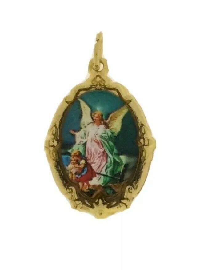 Guardian Angel Medal Gold-Tone Catholic Angel de la Guarda Prayer 