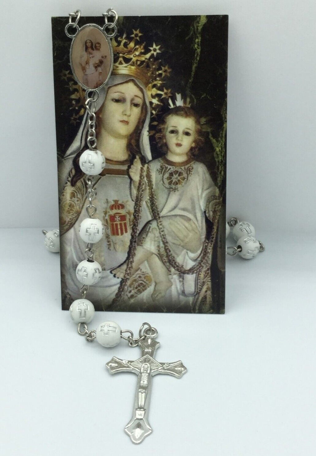 VIRGIN DE LA MERCEDES ROSARIO Lady Of Mercy Catholic White ROSARY Necklace Mary