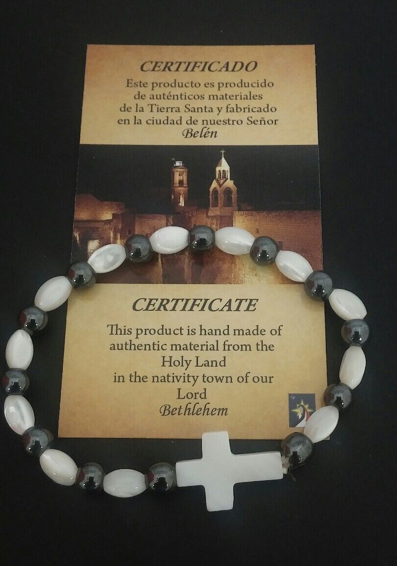 Mother of pearl bracelet made in Jerusalem cross Jesus pulsera de Nácar Stretch