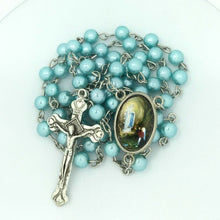 Catholic Blue Pearl Beads Rosary Necklace Our Lady of Lourdes Medal Cross Jesus 