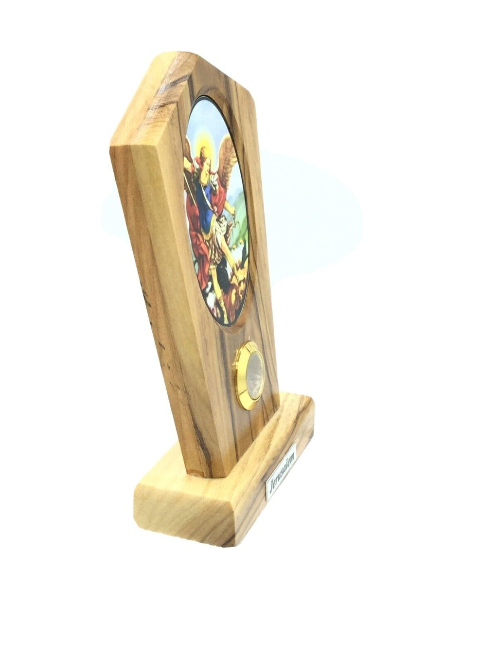 Saint Michael Desk Stand Jerusalem Soil Olive Wood San Miguel arcángel 3" Inches