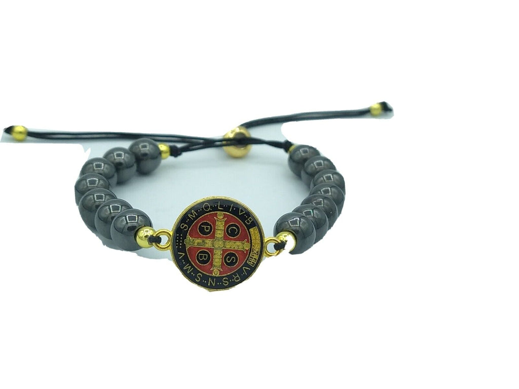 Black Beads St Benedict Bracelet, Catholic Saint Medal Adjustable San Benito Cru