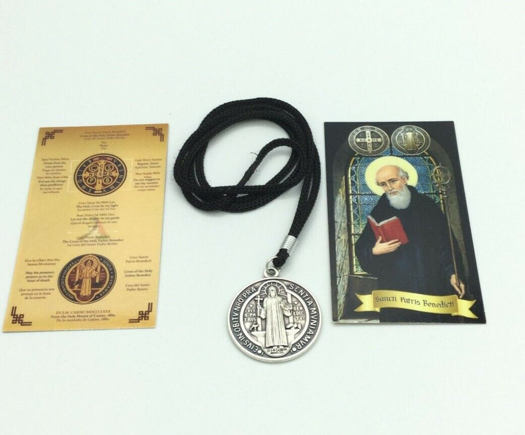 Medalla De San Benito Saint St Benedict Medallion Medal Pendant Cord Necklace