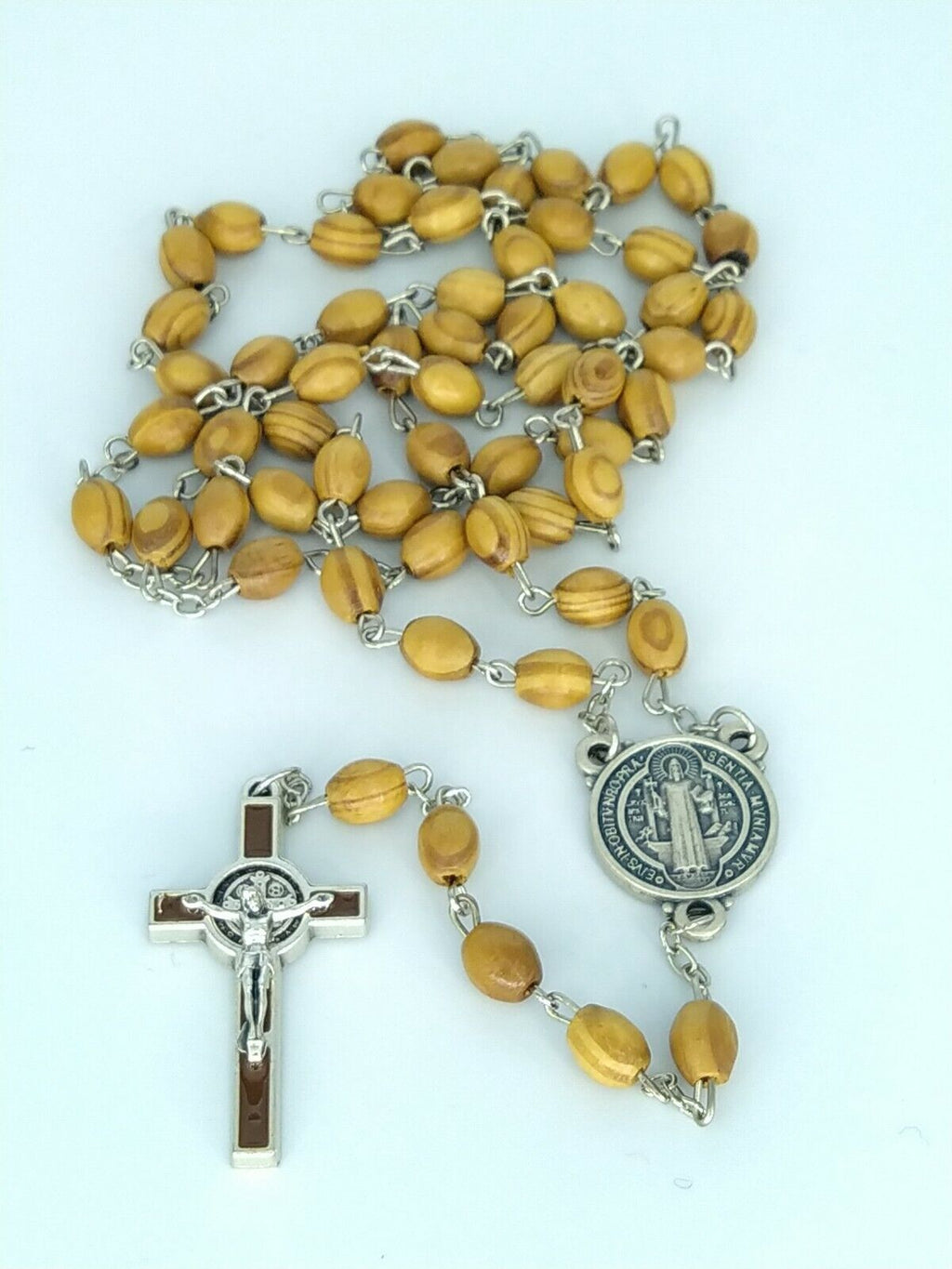 OLIVE WOOD St.Saint Benedict medal Cross Jerusalem Rosary Medalla de San Benito 
