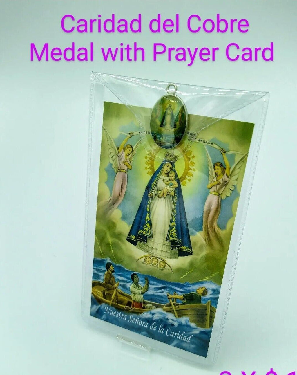 3X Caridad del Cobre spanish Prayer cards with Vinyl Folder Removable Medal 3X5"