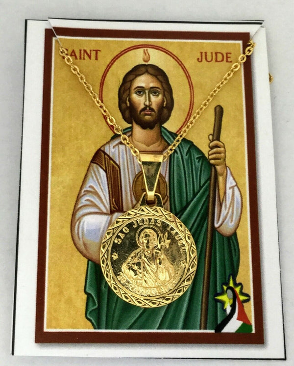 14K Gold Plated Saint Jude Necklace Pendant + Chain. San Judas Oro laminado 