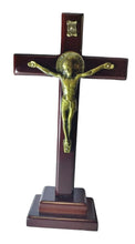 Brown Finish Standing Saint Benedict Wood Crucifix With Gold Tone Corpus, 13 In