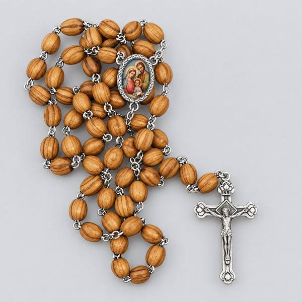 HOLY FAMILY Catholic Olive Wood Rosary Beads Jerusalem Necklace Oval Mary JESUS