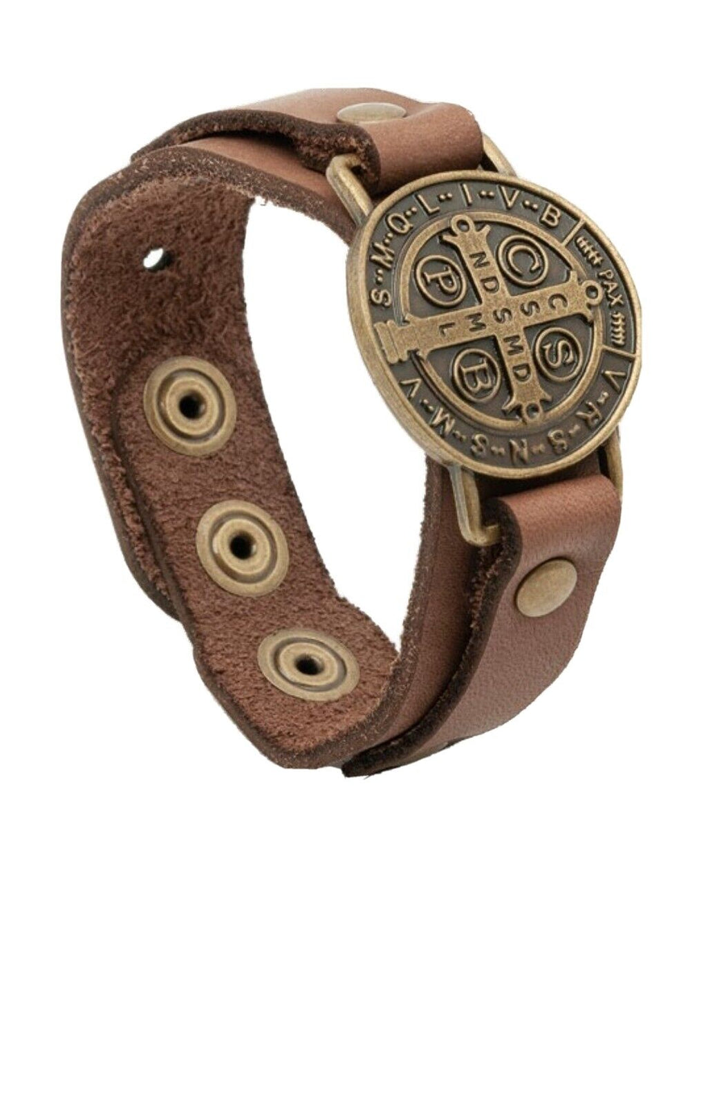 Men’s Saint.Benedict Medal Bracelet Leather Brown Band Gold adjustable St Benito