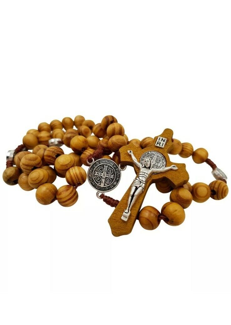 Saint St.Benedict Olive Wood Beads Rosary Necklace Medal /Cross Catholic Charm